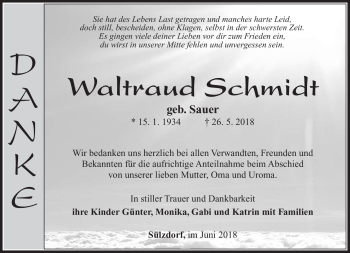 Traueranzeige von Waltraud Schmidt von Südthüringer Presse