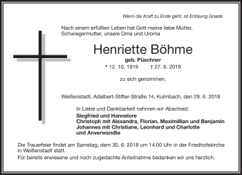 Traueranzeige von Henriette Böhme von Frankenpost