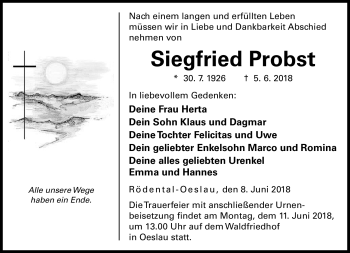Traueranzeige von Siegfried Probst von Neue Presse Coburg