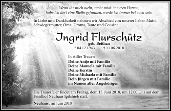 Traueranzeige von Ingrid Flurschütz von Südthüringer Presse