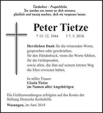 Traueranzeige von Peter Tietze von Südthüringer Presse