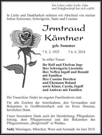 Traueranzeige von Irmtraud Kämtner von Südthüringer Presse