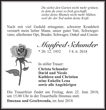 Traueranzeige von Manfred Schunder von Südthüringer Presse