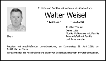 Traueranzeige von Walter Weisel von Neue Presse Coburg