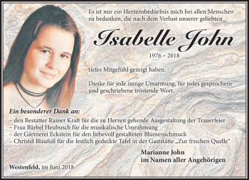 Traueranzeige von Isabelle John von Südthüringer Presse