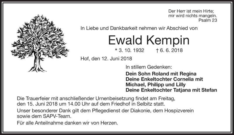  Traueranzeige für Ewald Kempin vom 12.06.2018 aus Frankenpost