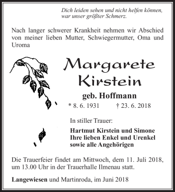 Traueranzeige von Margarete Kirstein von Südthüringer Presse