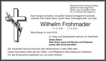 Traueranzeige von Wilhelm Frohmader von Frankenpost
