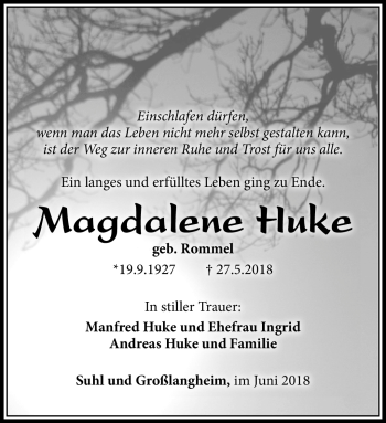 Traueranzeige von Magdalene Huke von Südthüringer Presse