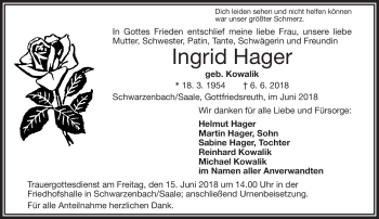 Traueranzeige von Ingrid Hager von Frankenpost