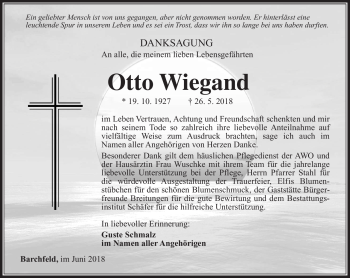 Traueranzeige von Otto Wiegand von Südthüringer Presse