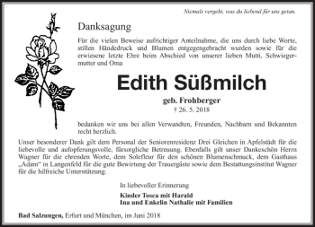 Traueranzeige von Edith Süßmilch von Südthüringer Presse