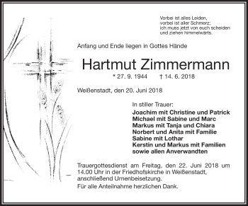 Traueranzeige von Hartmut Zimmermann von Frankenpost