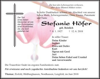 Traueranzeige von Stefanie Höfer von Südthüringer Presse