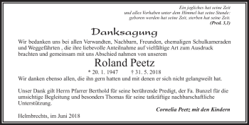 Traueranzeige von Roland Peetz von Frankenpost