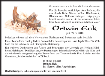 Traueranzeige von Ortwin Eck von Südthüringer Presse
