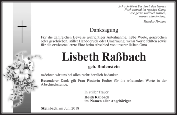 Traueranzeige von Lisbeth Raßbach von Südthüringer Presse