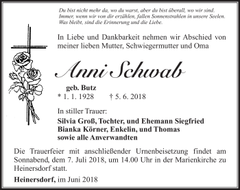 Traueranzeige von Anni Schwab von Südthüringer Presse