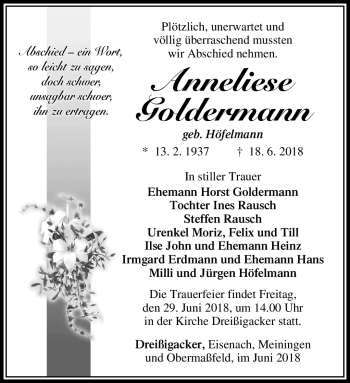 Traueranzeige von Anneliese Goldermann von Südthüringer Presse
