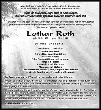 Traueranzeige von Lothar Roth von Südthüringer Presse