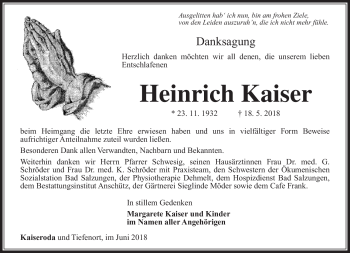 Traueranzeige von Heinrich Kaiser von Südthüringer Presse