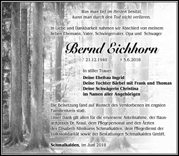 Traueranzeige von Bernd Eichhorn von Südthüringer Presse