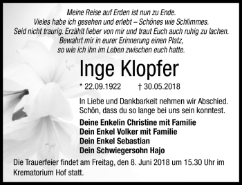 Traueranzeige von Inge Klopfer von Frankenpost
