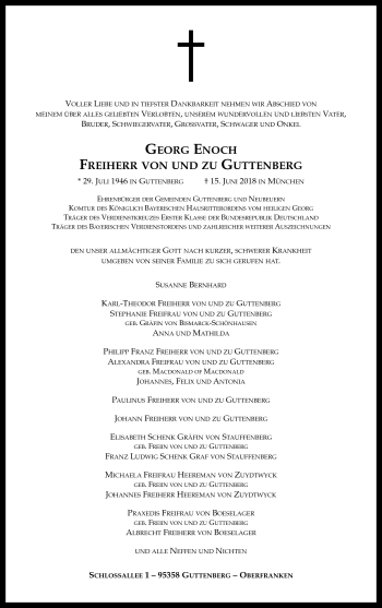 Traueranzeige von Georg Enoch Freiherr von und zu Guttenberg von Frankenpost