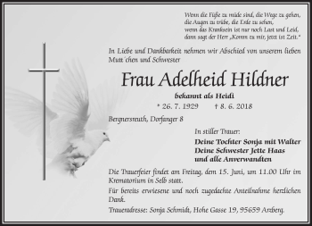 Traueranzeige von Adelheid Hildner von Frankenpost