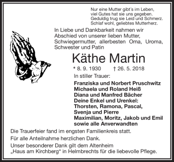 Traueranzeige von Käthe Martin von Frankenpost