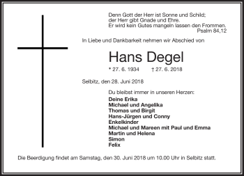 Traueranzeige von Hans Degel von Frankenpost