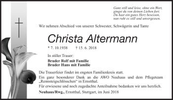 Traueranzeige von Christa Altmann von Südthüringer Presse