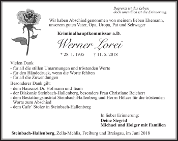 Traueranzeige von Werner Lorei von Südthüringer Presse