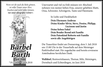 Traueranzeige von Bärbel Barth von Südthüringer Presse