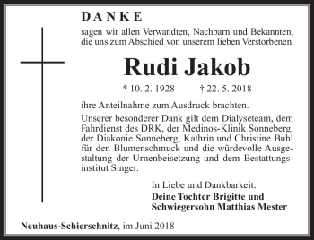 Traueranzeige von Rudi Jakob von Südthüringer Presse