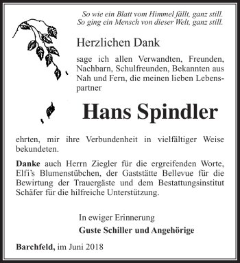 Traueranzeige von Hans Spindler von Südthüringer Presse