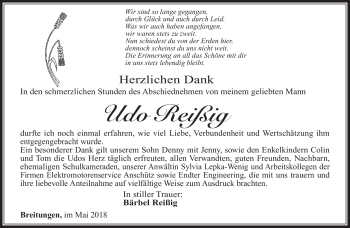 Traueranzeige von Udo Reißig von Südthüringer Presse