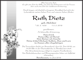 Traueranzeige von Ruth Dietz von Südthüringer Presse