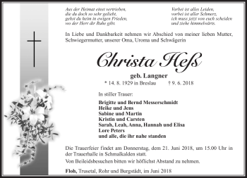 Traueranzeige von Christa Heß von Südthüringer Presse