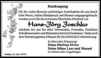 Traueranzeige von Hans-Jörg Joschko von Südthüringer Presse