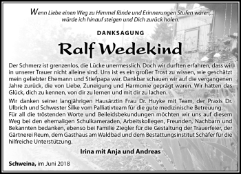 Traueranzeige von Ralf Wedekind von Südthüringer Presse
