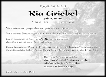 Traueranzeige von Ria Griebel von Südthüringer Presse