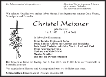Traueranzeige von Christel Meixner von Südthüringer Presse