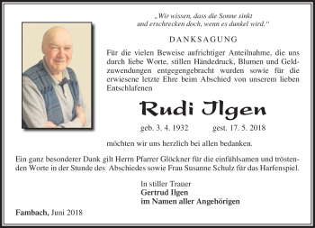 Traueranzeige von Rudi Ilgen von Südthüringer Presse