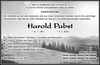 Traueranzeige von Harold Pabst von Südthüringer Presse