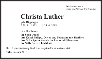 Traueranzeige von Christa Luther von Südthüringer Presse