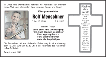 Traueranzeige von Rolf Menschner von Südthüringer Presse