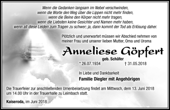 Traueranzeige von Anneliese Göpfert von Südthüringer Presse
