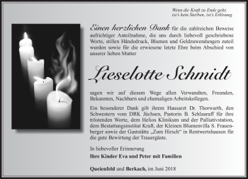 Traueranzeige von Lieselotte Schmidt von Südthüringer Presse