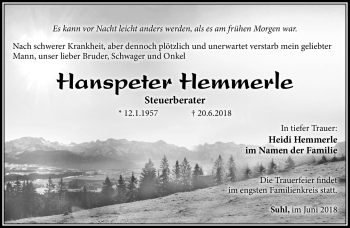 Traueranzeige von Hanspeter Hemmerle von Südthüringer Presse